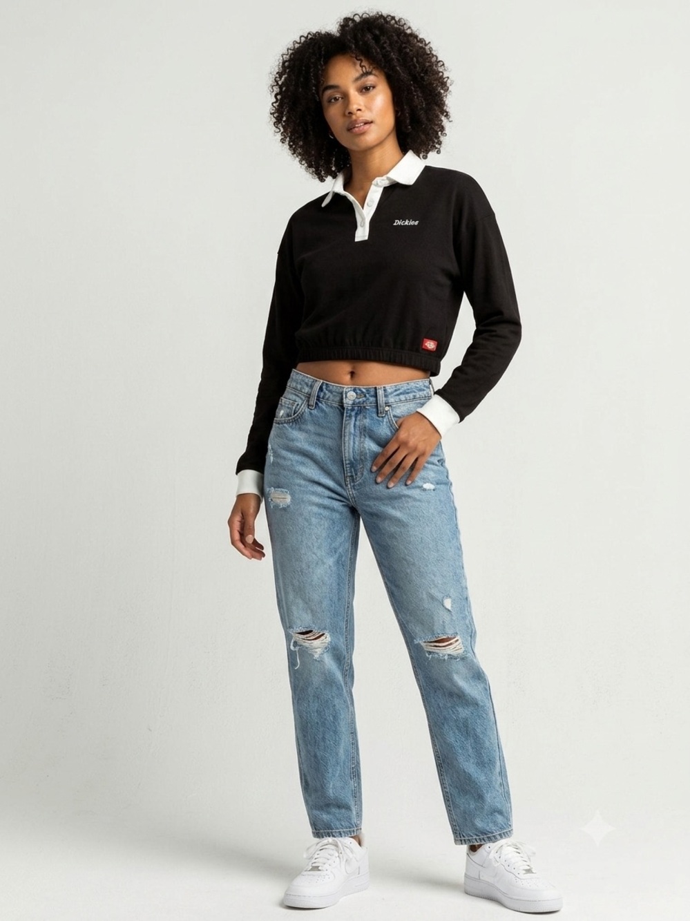 Women’s Dickies Black Cropped Rugby Polo with White Accents‎ Small